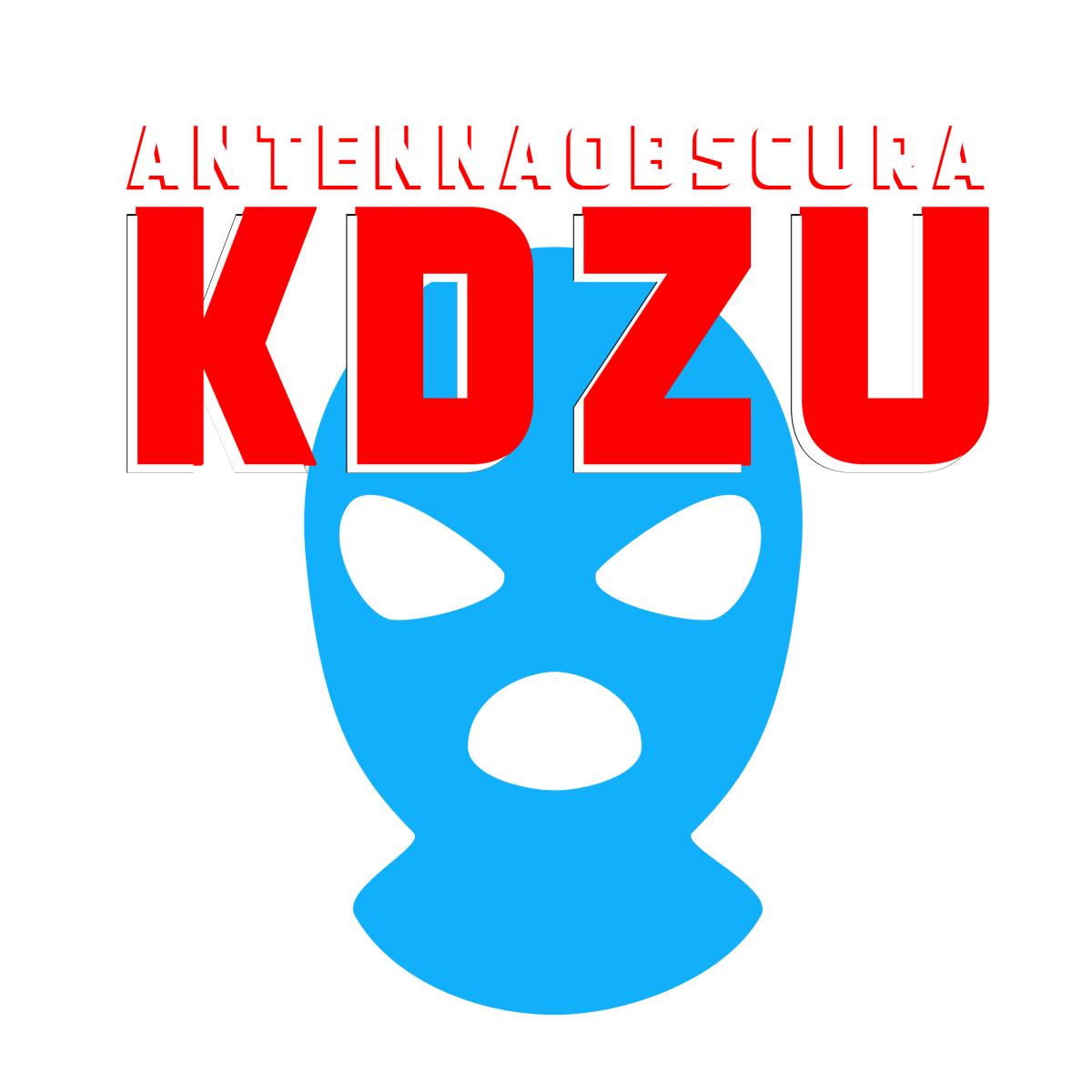 Large red text that spells KDZU. White sub-header text that spells "antennaobscura." Royal blue ski mask in the background.